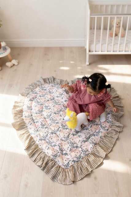 Heart Shaped Baby Play Mat, Vintage Blue Floral Ruffle, Padded Cotton - image 1