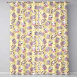 Cute Kawaii Maths Cat Calculator Ruler Yellow Seamless Pattern Readymade Eyelet Ring Top Thermal 100% Blackout Curtains - thumbnail 2