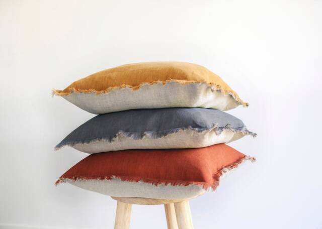 Fringed Linen Pillow Cover Two-Tone Boho Throw - image 1