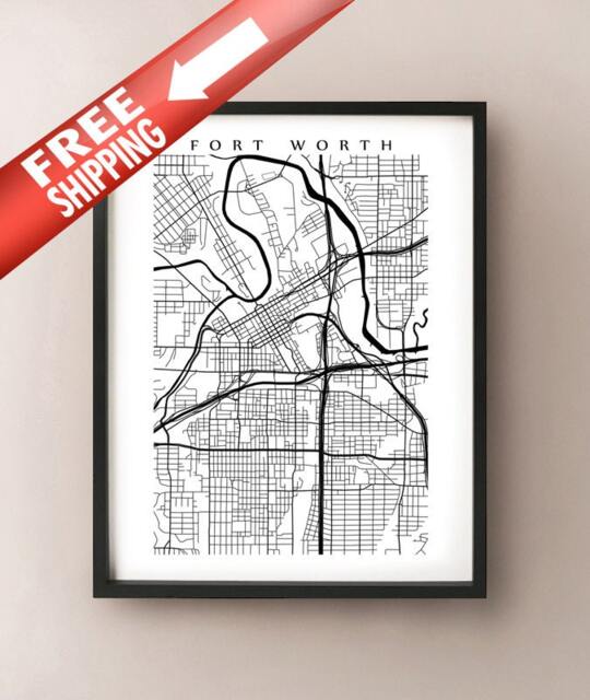 Fort Worth Map Art Print - Black & White Texas Home Decor - image 1