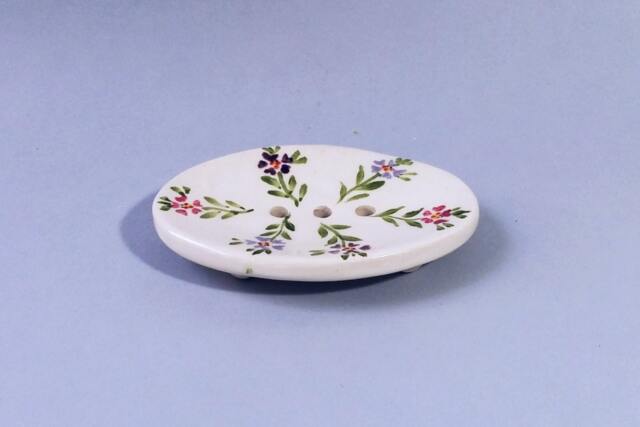 Ceramic Soap Dish With Drain, Oval White Draining Soap Dish, Pink Purple Flowers - image 1