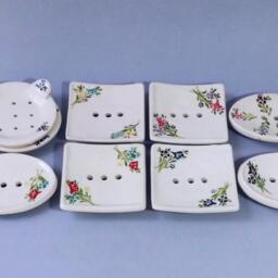Ceramic Soap Dish With Drain, Oval White Draining Soap Dish, Pink Purple Flowers - thumbnail 4