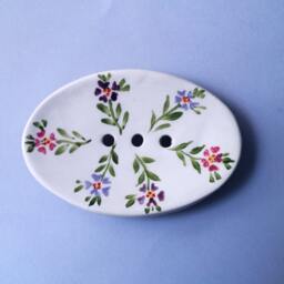 Ceramic Soap Dish With Drain, Oval White Draining Soap Dish, Pink Purple Flowers - thumbnail 3