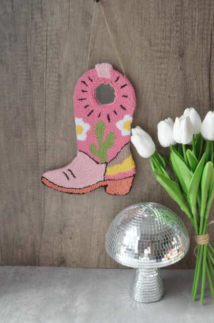 Punch Needle Cowboy Boot Wall Hanging Pink Boho Home Decor - image 1