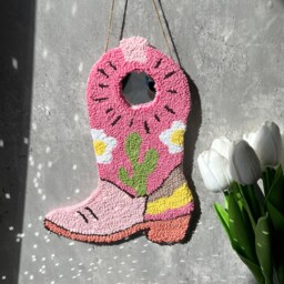 Punch Needle Cowboy Boot Wall Hanging Pink Boho Home Decor - thumbnail 3