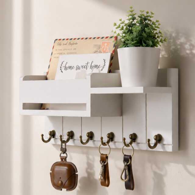 Wall Mounted Key Holder Shelf For Home, Entryway Organiser With Hooks, Mail Storage Rack, Wooden Hallway Decor Rustic Wood - image 1