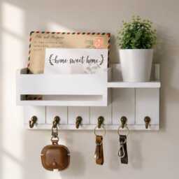 Wall Mounted Key Holder Shelf For Home, Entryway Organiser With Hooks, Mail Storage Rack, Wooden Hallway Decor Rustic Wood - thumbnail 3