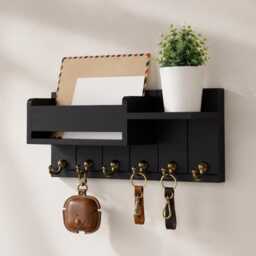 Wall Mounted Key Holder Shelf For Home, Entryway Organiser With Hooks, Mail Storage Rack, Wooden Hallway Decor Rustic Wood - thumbnail 4