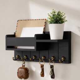 Wall Mounted Key Holder Shelf For Home, Entryway Organiser With Hooks, Mail Storage Rack, Wooden Hallway Decor Rustic Wood - thumbnail 2