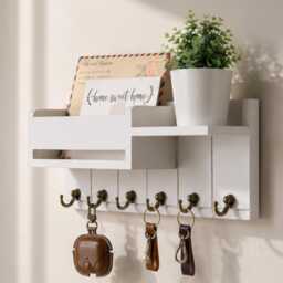 Wall Mounted Key Holder Shelf For Home, Entryway Organiser With Hooks, Mail Storage Rack, Wooden Hallway Decor Rustic Wood - thumbnail 1