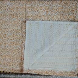 Hand Stitched Kantha Cotton Bed Cover Block Print Indian Quilt - thumbnail 4
