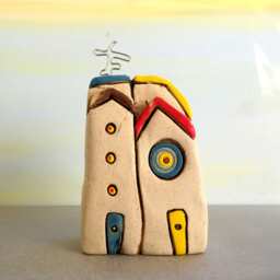 Handmade Clay House Sculpture, Miniature Ceramic Home Decor - thumbnail 2