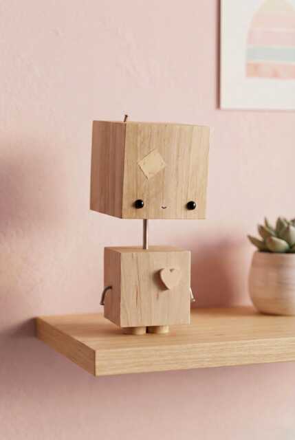 Wooden Nursery Decor, Gender Neutral Baby Room Shelf Accents, Robot Sculpture - image 1