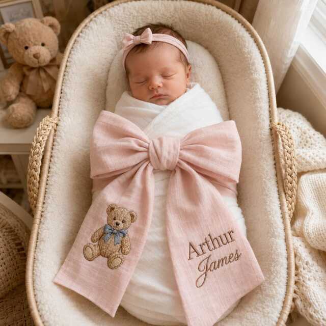 Custom Girl Baby Bear Embroidered Newborn Bow Sash, Teddy Coquette Swaddle, Sash For Picture, Shower Gift - image 1
