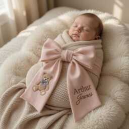 Custom Girl Baby Bear Embroidered Newborn Bow Sash, Teddy Coquette Swaddle, Sash For Picture, Shower Gift - thumbnail 3