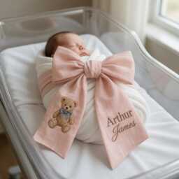 Custom Girl Baby Bear Embroidered Newborn Bow Sash, Teddy Coquette Swaddle, Sash For Picture, Shower Gift - thumbnail 2