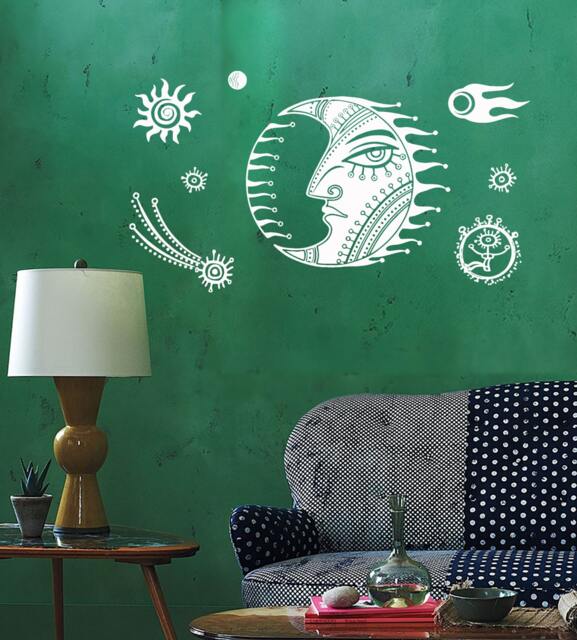 Wall Vinyl Decal Moon & Stars Night Sky Ethnic Sketch Style Drawing Of Crescent Modern Home Decor - #1186Dz - image 1