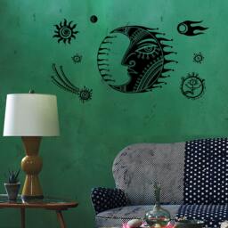 Wall Vinyl Decal Moon & Stars Night Sky Ethnic Sketch Style Drawing Of Crescent Modern Home Decor - #1186Dz - thumbnail 2