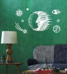 Wall Vinyl Decal Moon & Stars Night Sky Ethnic Sketch Style Drawing Of Crescent Modern Home Decor - #1186Dz - thumbnail 1