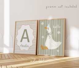 Set Of 2 Personalised Name & Goose Prints, Wildflower in Vintage Frame, Childrens Bedroom Decor, Checkered Pastel Wall Art - thumbnail 1