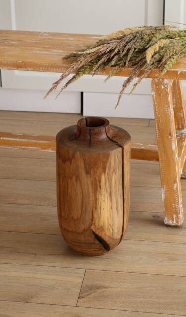 Tall Floor Wood Vase, Rustic Walnut Vase For Dried Flower, Wooden Bookshelf Decor - image 1