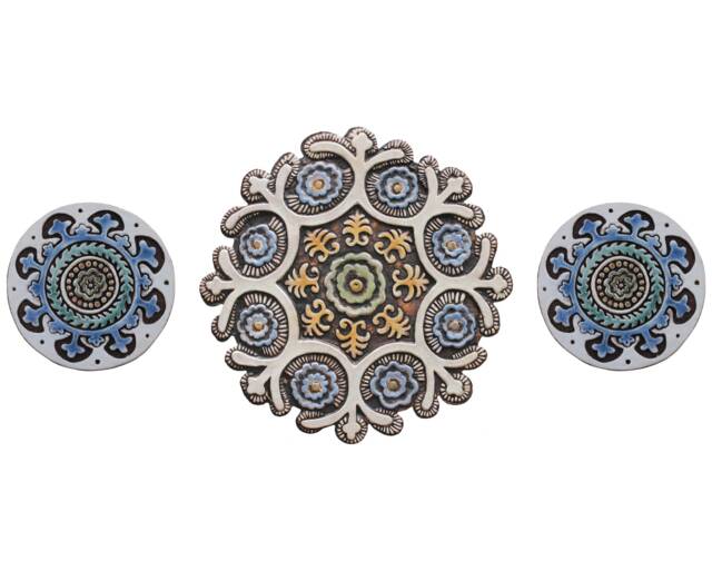 3 Matt Blue Suzani Ceramic Tiles Handmade Boho Wall Art - 28cm, 15cm - image 1