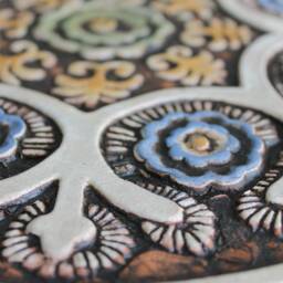 3 Matt Blue Suzani Ceramic Tiles Handmade Boho Wall Art - 28cm, 15cm - thumbnail 3