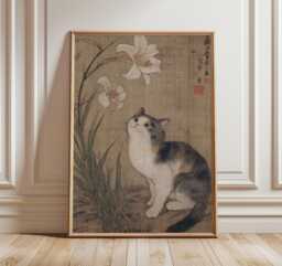 Vintage Japanese Cat Art Print, Calico & Lily Painting, Traditional Asian Wall Art, Antique Animal Poster, Zen Home Decor - thumbnail 1