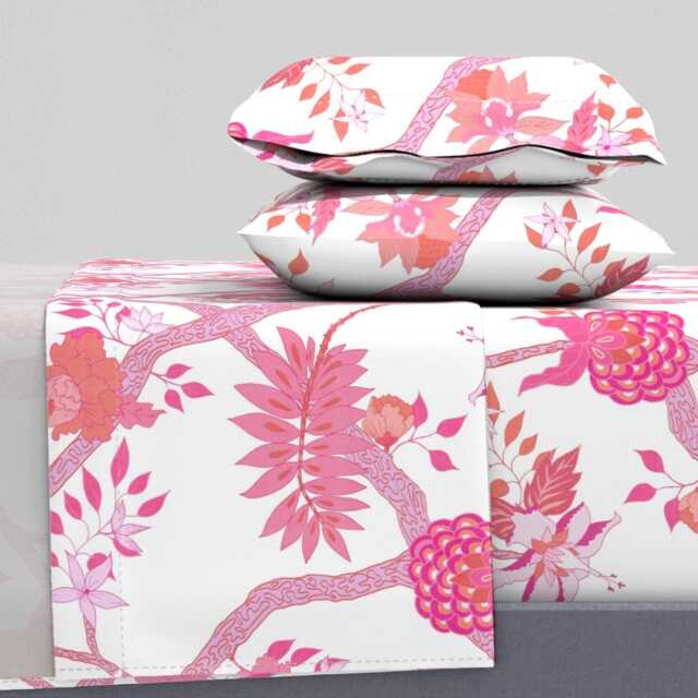 Peony Floral Sheets - Branch By Danika_Herrick Chinoiserie Large Scale Pink Orange Cotton Sateen Sheet Set Bedding Spoonflower - image 1