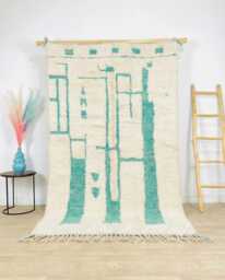 Hand Tufted Moroccan Ivory & Teal Berber Rug, Handwoven Wool Shag Rug With Geometric Design, Authentic Beni Ourain Carpet, Large Area
