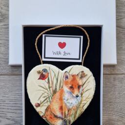 Fox & Bird Slate Heart Plaque - Handmade Decoupage Wall Hanging - 15cm - thumbnail 2
