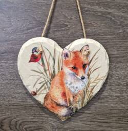 Fox & Bird Slate Heart Plaque - Handmade Decoupage Wall Hanging - 15cm