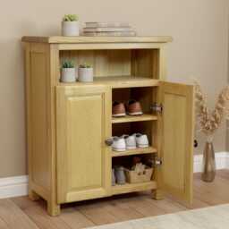 Solid Oak Shoe Cabinet - Rustic Hand-Oiled Hallway Storage Unit - thumbnail 1