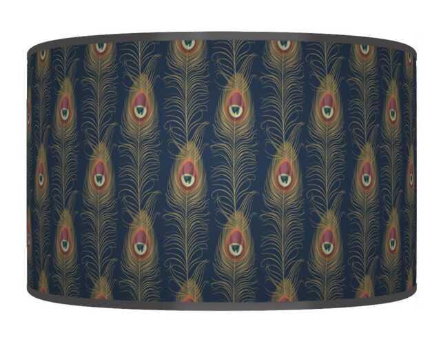 Peacock Feather Lampshade - Navy Blue & Gold Beige Drum Pendant Light Handmade Ceiling Shade For Boho Or Glam Home Decor - image 1