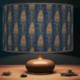 Peacock Feather Lampshade - Navy Blue & Gold Beige Drum Pendant Light Handmade Ceiling Shade For Boho Or Glam Home Decor - thumbnail 2
