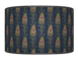 Peacock Feather Lampshade - Navy Blue & Gold Beige Drum Pendant Light Handmade Ceiling Shade For Boho Or Glam Home Decor - thumbnail 1