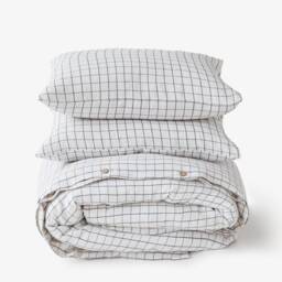 Charcoal Grid Linen Duvet Cover Set - 3 Piece Queen King Bedding Windowpane Stonewashed Linen, Soft Breathable Pattern - thumbnail 2