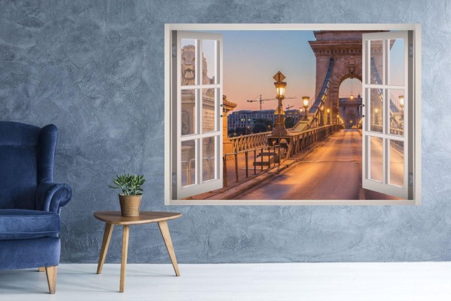 Chain Bridge Budapest View Window 3D Wall Decal Art Removable Wallpaper Mural Sticker Vinyl Home Decor - image 1