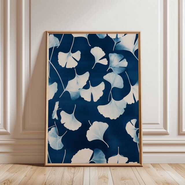 Blue Ginkgo Leaf Botanical Poster - Minimal Floral Wall Art Japanese Inspired Nature Print - image 1