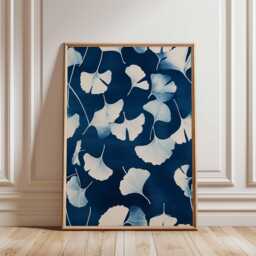 Blue Ginkgo Leaf Botanical Poster - Minimal Floral Wall Art Japanese Inspired Nature Print - thumbnail 1