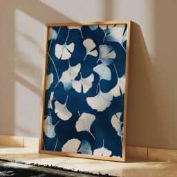 Blue Ginkgo Leaf Botanical Poster - Minimal Floral Wall Art Japanese Inspired Nature Print - thumbnail 2
