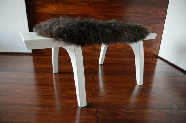 Minimalist White Oak Bench Black Pelssau Sheepskin, Scandinavian Design - image 1