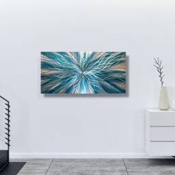 Metal Wall Art Abstract Painting Silver & Teal Modern Decor - thumbnail 2