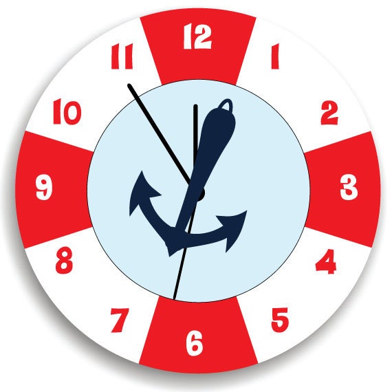 Children Bedroom Lifesaver & Anchor Wall Clock, Nursery Room Decor, Nautical Kids Clock - image 1