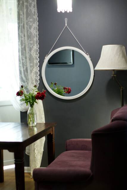 Round White Wood Framed Mirror On Leather Strap - Modern Wall Decor For Bathroom, Entryway, Kitchen, Hallway & Living Room - image 1