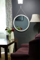 Round White Wood Framed Mirror On Leather Strap - Modern Wall Decor For Bathroom, Entryway, Kitchen, Hallway & Living Room