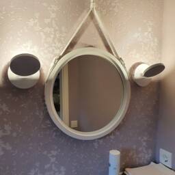 Round White Wood Framed Mirror On Leather Strap - Modern Wall Decor For Bathroom, Entryway, Kitchen, Hallway & Living Room - thumbnail 3