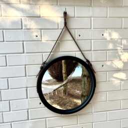 Modern Black Round Mirror On Brown Leather Strap, Wood Framed Bathroom Mirror, Large Elegant Wall For Beauty Salon & Modern Interiors - thumbnail 4