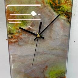 Narrow Metallic Silver Copper & Lime Green Abstract Resin Wall Clock, Long Modern Unusual Home Decor - thumbnail 3