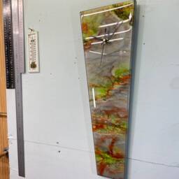 Narrow Metallic Silver Copper & Lime Green Abstract Resin Wall Clock, Long Modern Unusual Home Decor - thumbnail 2